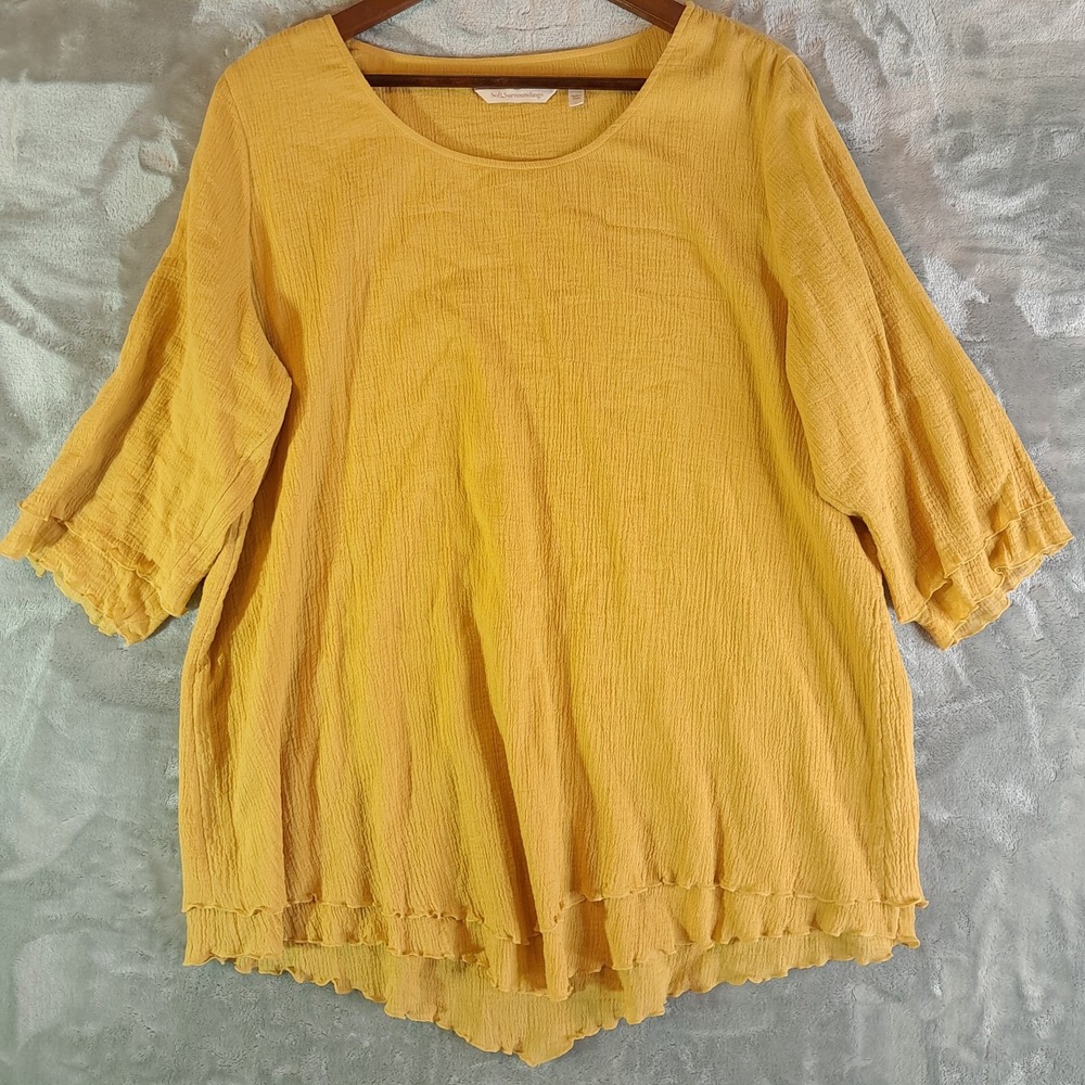 Soft Surroundings Womens XL Mustard Yellow Crinkled Gauze Tunic Top Tiered Hem